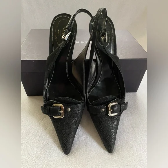 Prada Black Pointed Toe Slingback Heels with Buckle Accent - Picture 3 of 12